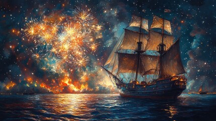 Majestic ship sailing under fireworks at night on the ocean