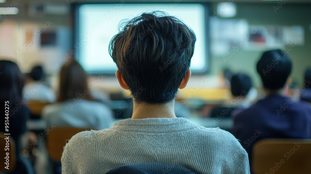 Poster students learning in classroom with projection screen
