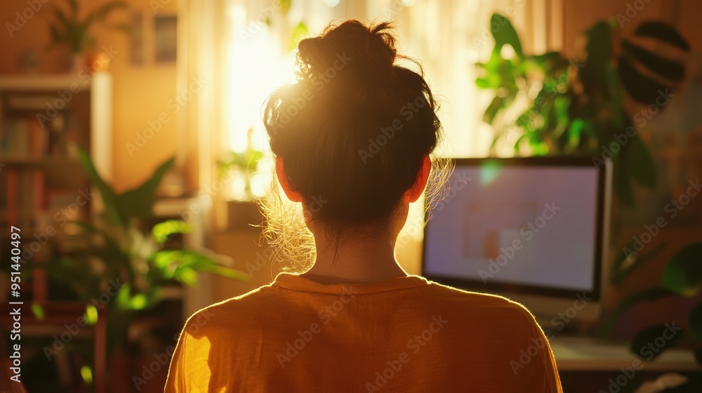 Poster backlit silhouette of a person working on a computer