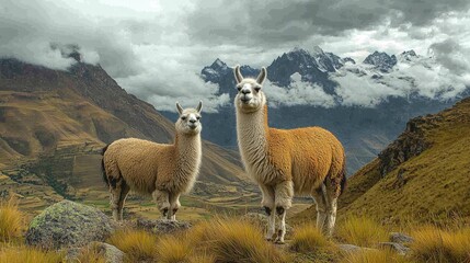 Fototapeta premium Two llamas standing on mountain pasture with snowcapped peak in background
