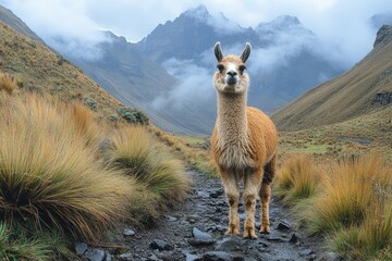 Fototapeta premium llama standing on mountain pasture with snowcapped peak in background