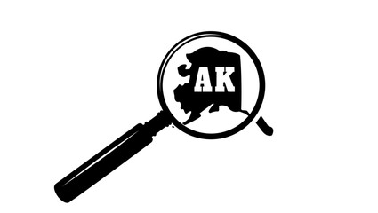 Alaska state map in magnifying glass, black isolated silhouette