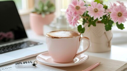 pastel pink coffee cup with a cappuccino on the desk next to an open laptop, some notes, and a small potted plant next to it