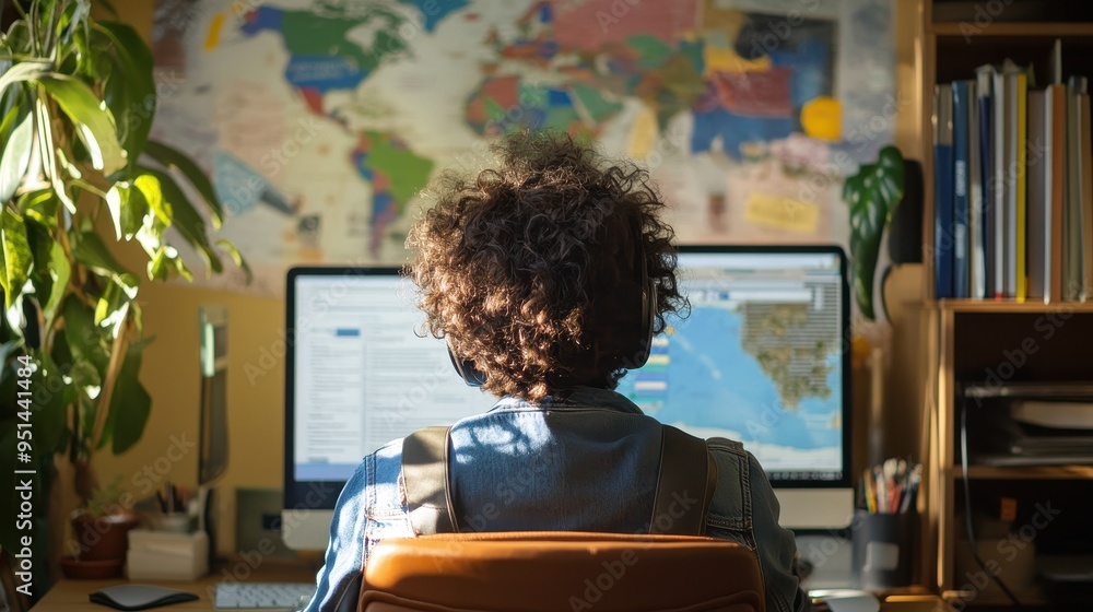 Poster student studying at desk with world map background