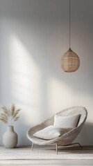 Mediterranean interior design composition in neutral tones with Scandinavian boho decor and natural lighting.