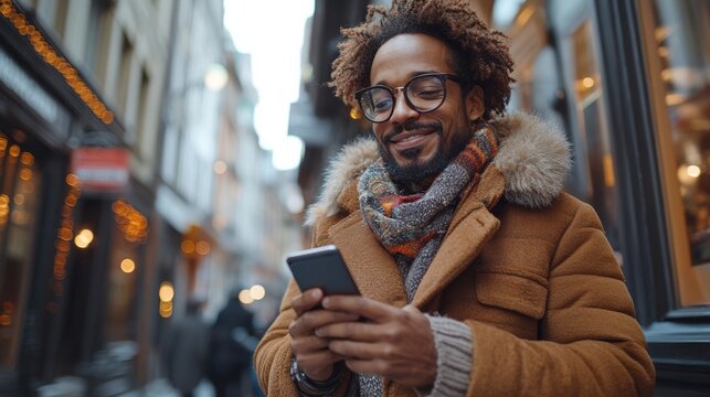 Stylish man paying with digital wallet through both phone and watch, outdoors in a vibrant city scene - Powered by Adobe