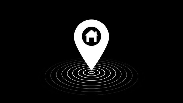 Location pin with home icon animation on a black Background.