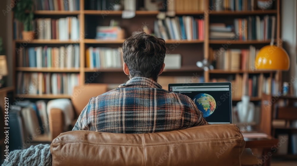 Poster man studying geography on a computer in a home library