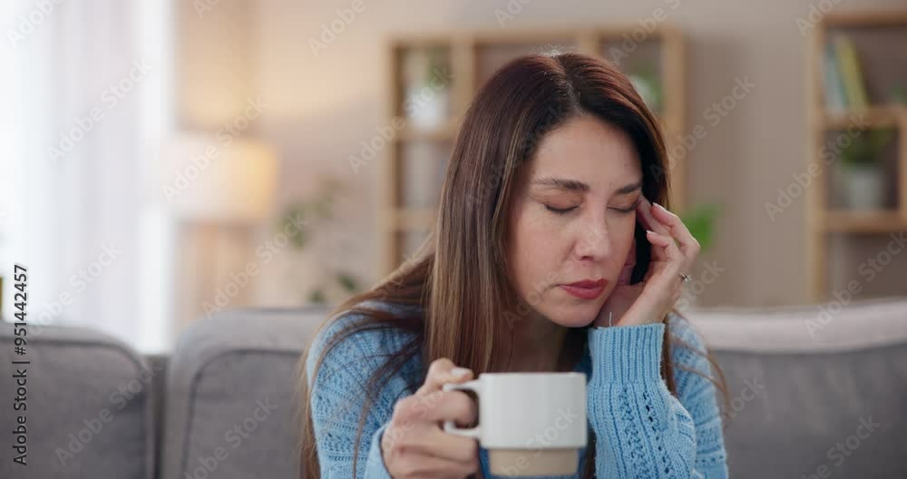 Canvas Prints Woman, home and headache with coffee on sofa with stress, unhappy and pain in living room. Female person, couch and migraine in lounge with overthinking, burnout and tired or frustrated with tea