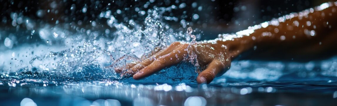A college swimmer finishes strong as they touch the wall, splashing water in a dynamic moment