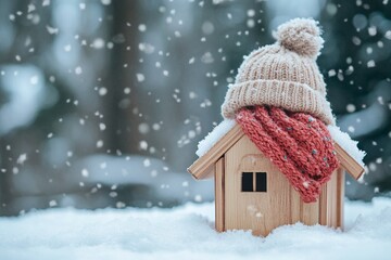 Naklejka premium A wooden toy house in the snow in winter is covered with a hat and wrapped in a scarf. The concept of keeping warm.