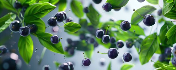 Blueberries and green leaves splashed with water droplets