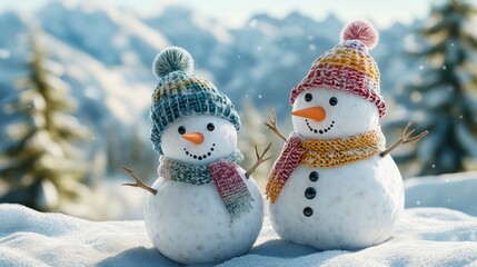Cute snowman couple outside in the snow