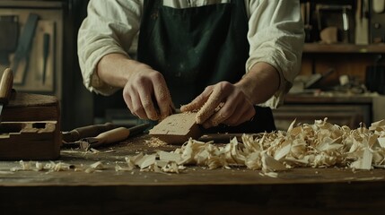 "Crafted Serenity: Master Woodworker's Artistry in a Tranquil Workshop, Carving Wood with Precision Tools"

