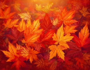 秋の紅葉背景 - カエデの葉とオレンジ色の光　Autumn Foliage Background - Maple Leaves and Orange Light