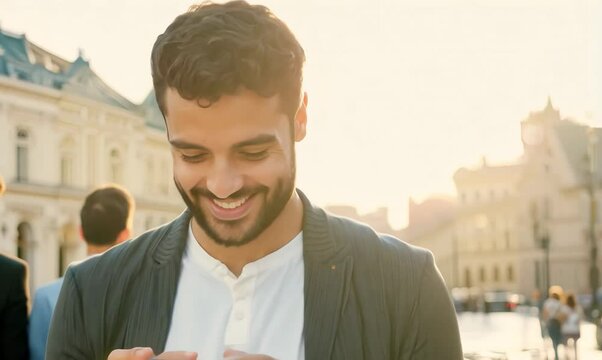 Portuguese Man Smiling While Using Phone in Paris