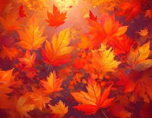 秋の紅葉背景 - カエデの葉とオレンジ色の光　Autumn Foliage Background - Maple Leaves and Orange Light