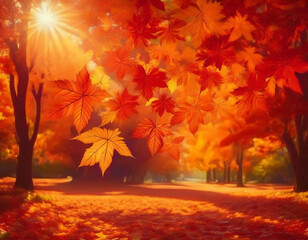 秋の紅葉背景 - カエデの葉とオレンジ色の光　Autumn Foliage Background - Maple Leaves and Orange Light