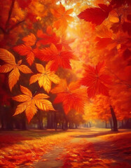 秋の紅葉背景 - カエデの葉とオレンジ色の光　Autumn Foliage Background - Maple Leaves and Orange Light