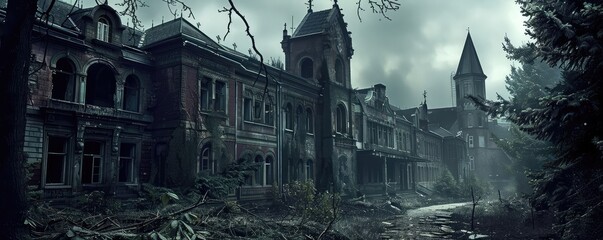 Obraz premium Two individuals with luggage walking through abandoned town