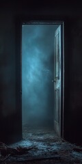 Mysterious Open Doorway: A slightly opened old door reveals a dark, misty room, creating a sense of mystery and suspense.  The scene is dimly lit.