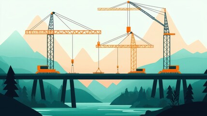 Cranes assembling a large bridge over a river, flat vector style, muted industrial tones