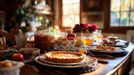 Cozy Autumn Table Setting with Homemade Desserts and Warm Drinks