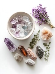 Tranquil Spa Service Banner with Harmonious Crystal and Gemstone Arrangement on Serene White Background