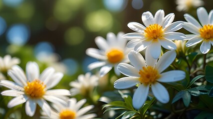 Beautiful blurred spring background nature with blooming glade Gardenia,Daisy,Jasmine,Rose, trees and blue sky on a sunny day. Generative AI