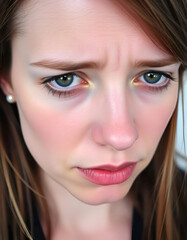 A young woman with long dark brown hair, sad eyes, looks serious, sad, and a bit anxious, tension, depression, on a white background