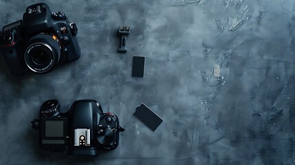 Gray surface featuring an overhead view of a camera, SD cards, and remote shutter release with a large central empty area ideal for inserting text or branding for tech accessories