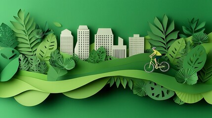 Green City Living: A paper-cut illustration of a cyclist traversing a lush, green cityscape, symbolizing sustainable urban living and harmony between nature and human development. 