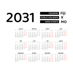 Calendar 2031 English language with Fiji public holidays. Week starts from Monday. Graphic design vector illustration.