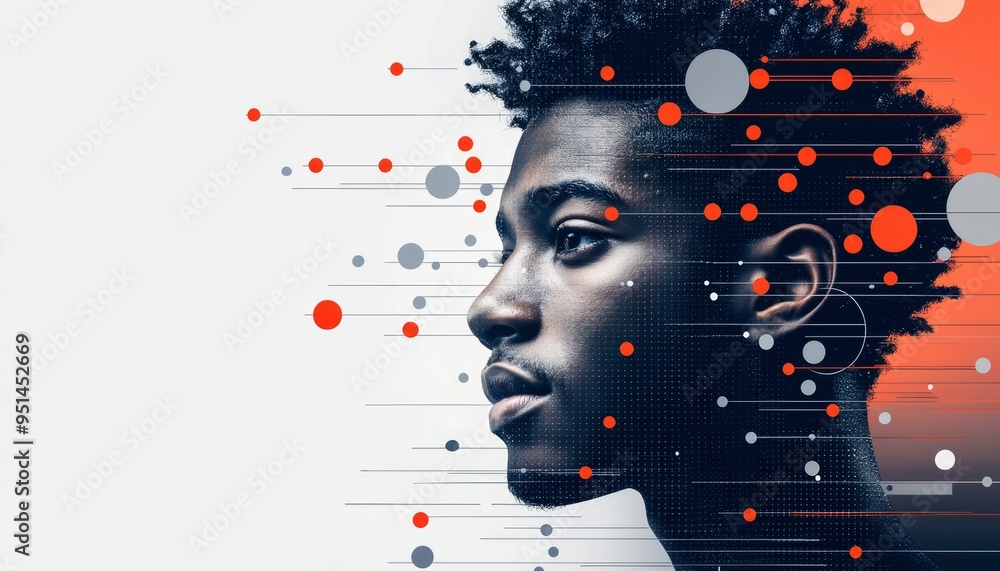 Poster profile of a man with abstract geometric shapes and lines