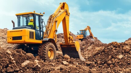 Obraz premium Workers operating a backhoe on a construction site, flat color vector, rugged palette