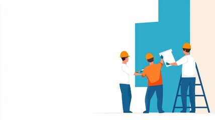 Fototapeta premium Workers painting the exterior of a new building, flat color vector, soft neutral colors