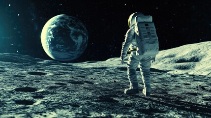 Astronaut standing on the moon surface, looking at Earth.