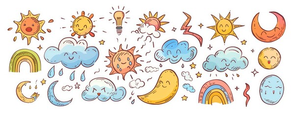 Various celestial objects doodled in black and white.