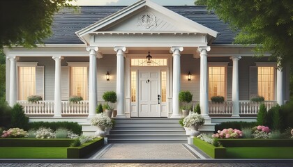 Main entrance door. White front door with porch. Exterior of georgian style home cottage house with columns. Created with generative Ai