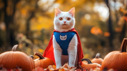 Pumpkin Party: White Superhero Cat Celebrates Halloween