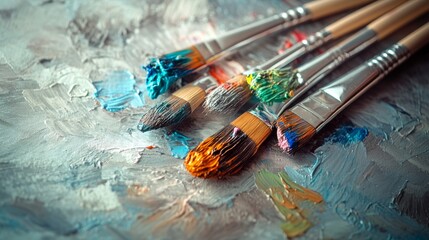 Obraz premium Paintbrushes Covered in Colorful Paint on Textured Canvas. A Representation of Creativity