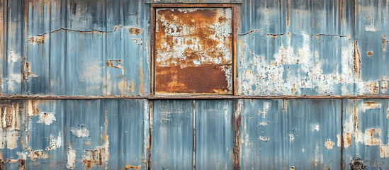 Old rusty metal wall with a boarded up window showing an uneven iron surface with paint stains providing a wide panoramic background for designs featuring copy space image