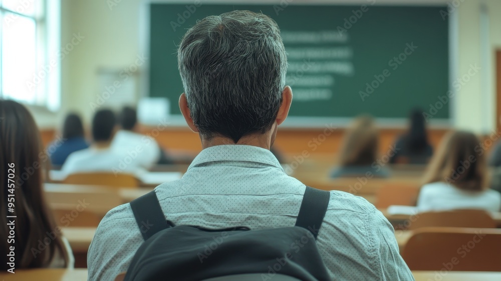 Poster classroom setting: students listening attentively to lecture