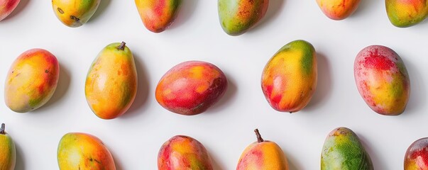 Arrangement of ripe mangoes on a white smooth surface.