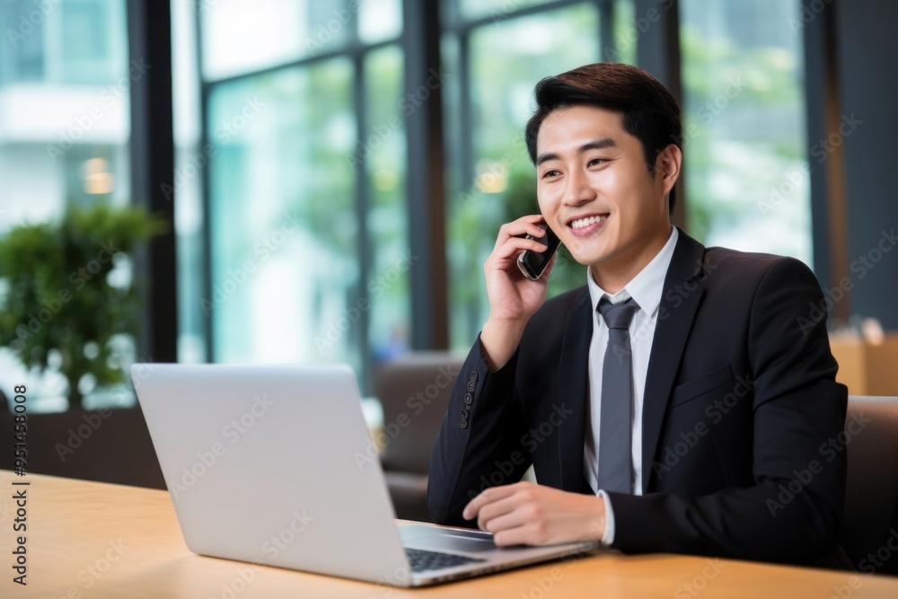 Wall mural asian young business man sales manager making phone call laptop computer talking.