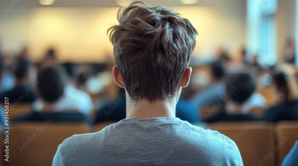 Poster student sitting in a classroom listening to lecture