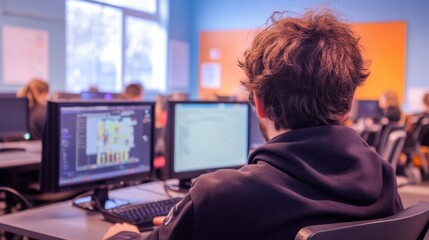 Young Man Working on Computer in Modern Office Environment