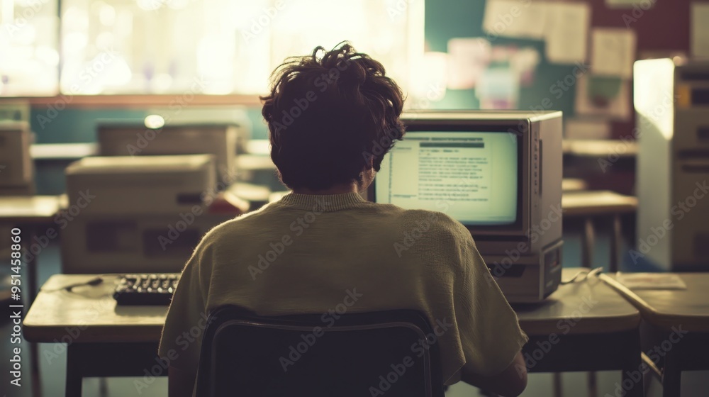 Poster student studying in an old computer lab