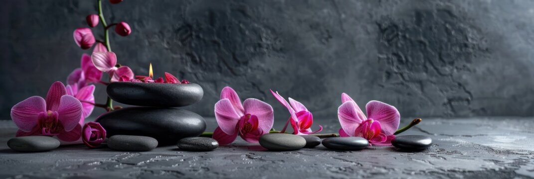 Spa Relaxation with Pink Orchids and Stones