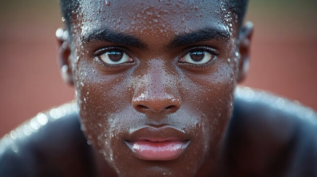 A college track athlete focuses intently at the starting blocks, sweat glistening in the light